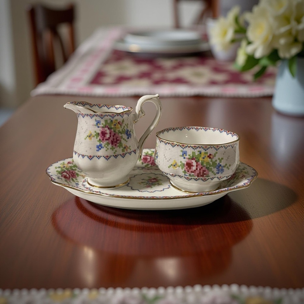 ✨ Royal Albert "Petit Point" Vintage Bone China Cream & Sugar Set on Tray